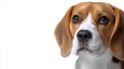 Beagle head on white background with expressive features and soft light