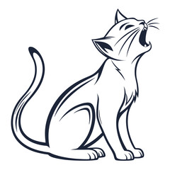 Outlined domestic cat sits, arches back, and opens mouth wide to meow or yawn