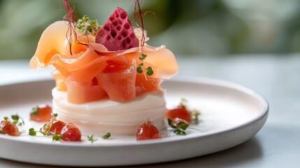 A beautifully arranged dessert featuring layers of soft ingredients and vibrant fruits artfully placed, embodying culinary artistry and visual appeal in a mouthwatering presentation.