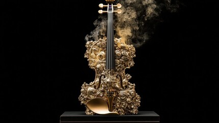 A golden violin with intricate designs and a smoky effect.