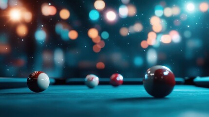 A creative photograph of billiard balls scattered on a pool table, with colorful bokeh lights creating a captivating atmosphere ideal for game lovers and art enthusiasts.