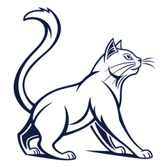 Navy stylized cat stretches forward, its tail pointing upwards, against a white background