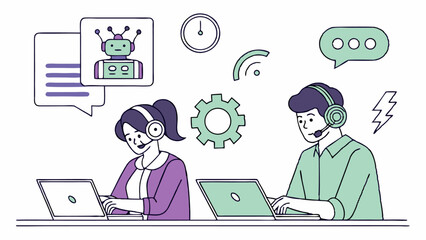 Business team using laptops and working together in office illustration