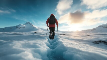 A determined hiker is capturing a serene moment while trekking through pristine snowy mountains, showcasing the beauty of winter landscapes and the spirit of adventure.