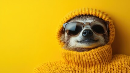 Obraz premium A fashionable sloth wears stylish sunglasses and a cozy knitted sweater against a vibrant yellow backdrop, exuding a playful and trendy charm that captures attention effortlessly.