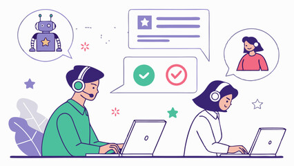 Business woman and people working on laptops in office cartoon illustration