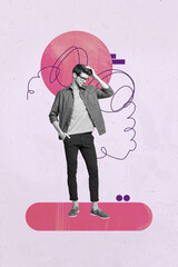 Banner poster collage of worker person stand think with messy lines on pink background
