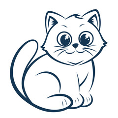 Cartoon feline with big eyes sits cheerfully, rendered in stylized navy line work