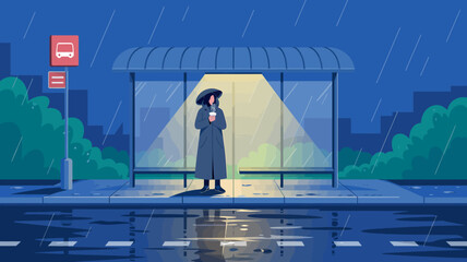 “Atmospheric Urban Rain Illustration – Night Scene with Lone Figure, Bus Stop, and Reflective Wet Pavement”