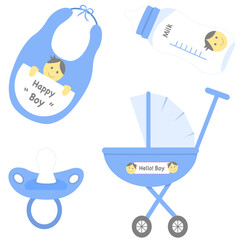 Cute blue Pastel Baby boy Essentials include Stroller, Bib, Pacifier, and Baby Bottle