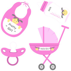 Cute pink Pastel Baby girl Essentials include Stroller, Bib, Pacifier, and Baby Bottle