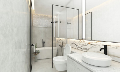 modern bathroom interior with shower and bathtub and marble wall background. 3d render.