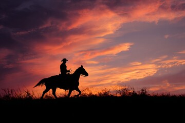 Silhouette of a cowboy riding a horse at sunset, silhouette against the sky with clouds.