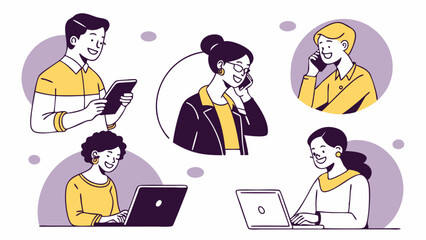 Cartoon vector illustration of business people working together on laptops at a desk in an office meeting