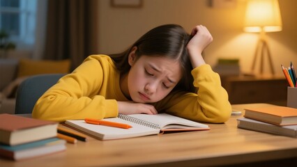 Tired girl in yellow sweater resting head on notebook at desk