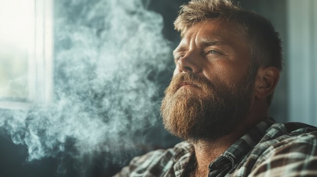 A contemplative man exhales a cloud of smoke, expressing a moment of introspection, capturing the balance between relaxation and deep thought in a serene indoor setting.