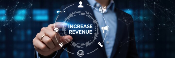 Hand interacting with a digital interface displaying the message "increase revenue".