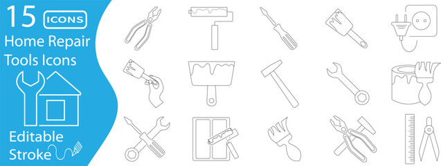 Editable Stroke Line Icon Set of 15 Home Repair Tools - Wrench, Brush, Hammer, Screwdriver, Pliers, Socket, and Paint Items for Maintenance and DIY Design Projects