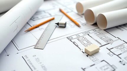 Architectural Blueprint with Tools and Pencils.