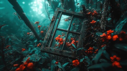 A weathered wooden window frame emerges from a dense jungle, surrounded by vibrant red flowers and lush green foliage.