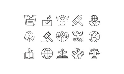 Collection of minimalist line art icons representing education law peace and environmental concerns.