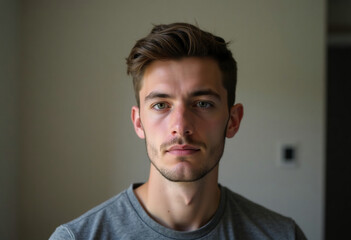 Obraz premium A young Serbian man gazes thoughtfully while indoors, the natural light softly illuminating his features. His calm demeanor encourages a sense of introspection and peace Generative AI