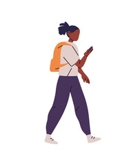 Student holds smartphone and goes to the school with backpack. Black kid carries phone in hands. African American little girl with telephone. Flat isolated vector illustration on white background
