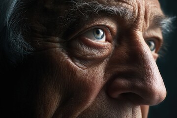 Close-up of elderly caucasian male's eye with detailed wrinkles and aging skin