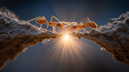 Teamwork Among Ants Building a Bridge in Nature's Soft Light