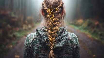 A woman with a braided hairstyle and a green jacket with gold lights.