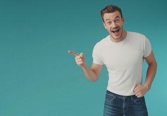 Excited Man in White T-Shirt and Jeans Pointing Left – Advertising Banner Mockup, Blue Background, High-Resolution Stock Photo for Marketing & Promotional Designs