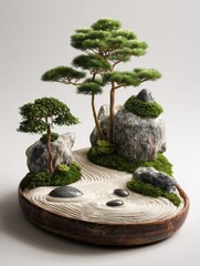 Minimalist zen garden arrangement with rocks and bonsai trees