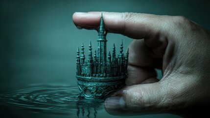 A hand holds a miniature replica of a castle over water.