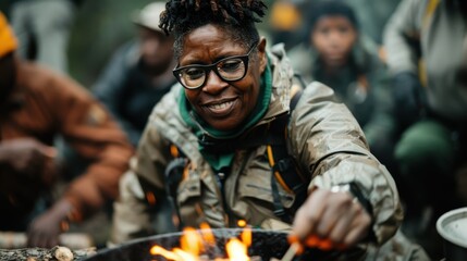 A smiling woman in outdoor gear enjoys a joyful moment by the campfire, reflecting camaraderie and the adventurous spirit of nature-loving individuals in the wild.