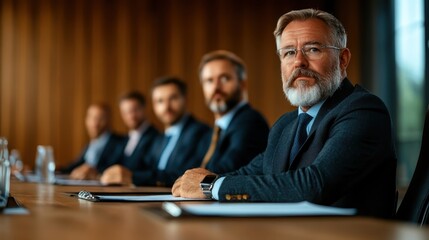 A focused middle-aged man in a suit engages in a professional meeting with colleagues, representing leadership, strategy, and collaboration in a corporate environment.