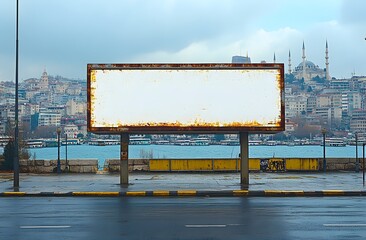 Obraz premium Weathered Billboard Frame Overlooking Istanbul's Bosphorus and C