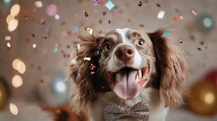 A joyful dog dressed in a bow tie surrounded by vibrant confetti, embodying a fun and celebratory atmosphere perfect for pet lovers looking to convey happiness.