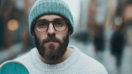 An expressive urban portrait of a bearded skateboarder against a blurred city backdrop represents individual style and the spirit of modern street culture.