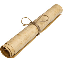 Rolled papyrus scroll tied with string, aged texture and traditional look, isolated on transparent background
