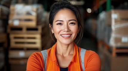 A confident woman wearing work attire smiles warmly in a warehouse, showcasing her presence in a professional environment dedicated to industrious endeavors and teamwork.