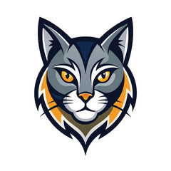 Fototapeta premium Focused stylized cat portrait with sharp orange eyes stares directly ahead on white