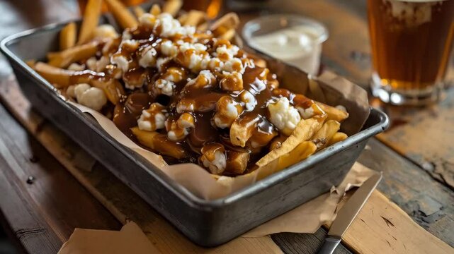 A tempting tray of Canadian poutine, loaded with crispy fries, savory brown gravy, and melty cheese curds. This delicious dish is a true Canadian comfort food classic