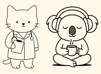  Cute Cat Doctor & Relaxing Koala Self-Care and Work Animal Line Art