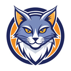 Majestic cat head displays formidable eyes surrounded by a circular navy blue emblem