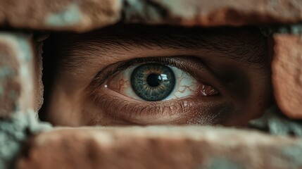 A captivating close-up of a single eye peering through the rustic cracks of a brick wall, symbolizing curiosity, resilience, and the desire for connection in a rugged world.