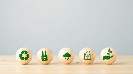 Eco-Friendly Wooden Balls with Sustainability Icons.