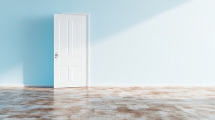 This image features a bright white door slightly ajar against a serene blue wall, creating a calm and inviting atmosphere in an empty room with wooden flooring.