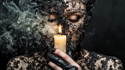 A woman in black lace dress holds a lit candle, with smoke coming from it.