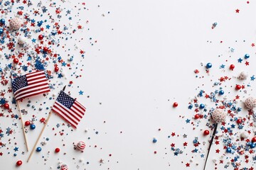 Flatlay of 4th of July celebration elements, minimal style, small American flag, sparklers, red white and blue confetti, elegant lighting, empty space in the center, white background