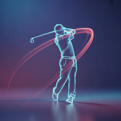 Abstract golf swing: energetic motion, vivid turquoise/crimson light trails, minimalist silhouette, deep indigo-violet gradient background.